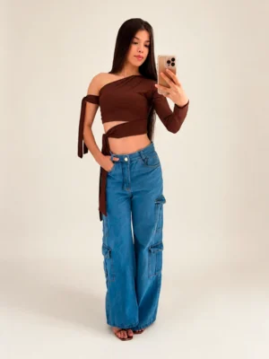 Calça Jeans Cargo Bolsos Utilitários